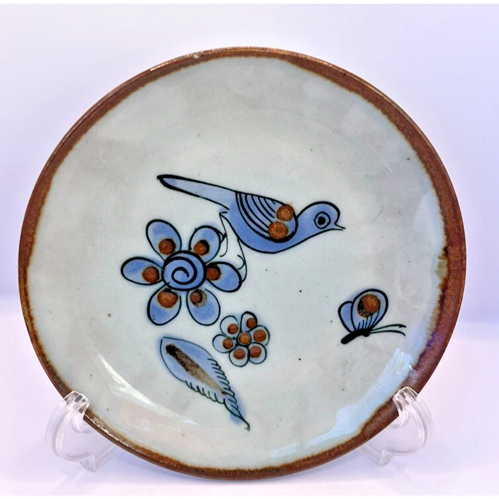 Ken Edwards Plate Trivet Stoneware Handmade Butterfly Bird Mexican Pottery 7.5"